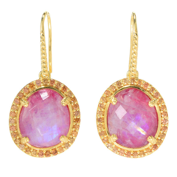 Rainbow Moonstone Doublet, Ruby Dyed Corundum, Champagne Zircon Sterling Silver Gold Plated Gemstone Drop Earrings, Christmas jewelry gift for wife, girlfriend