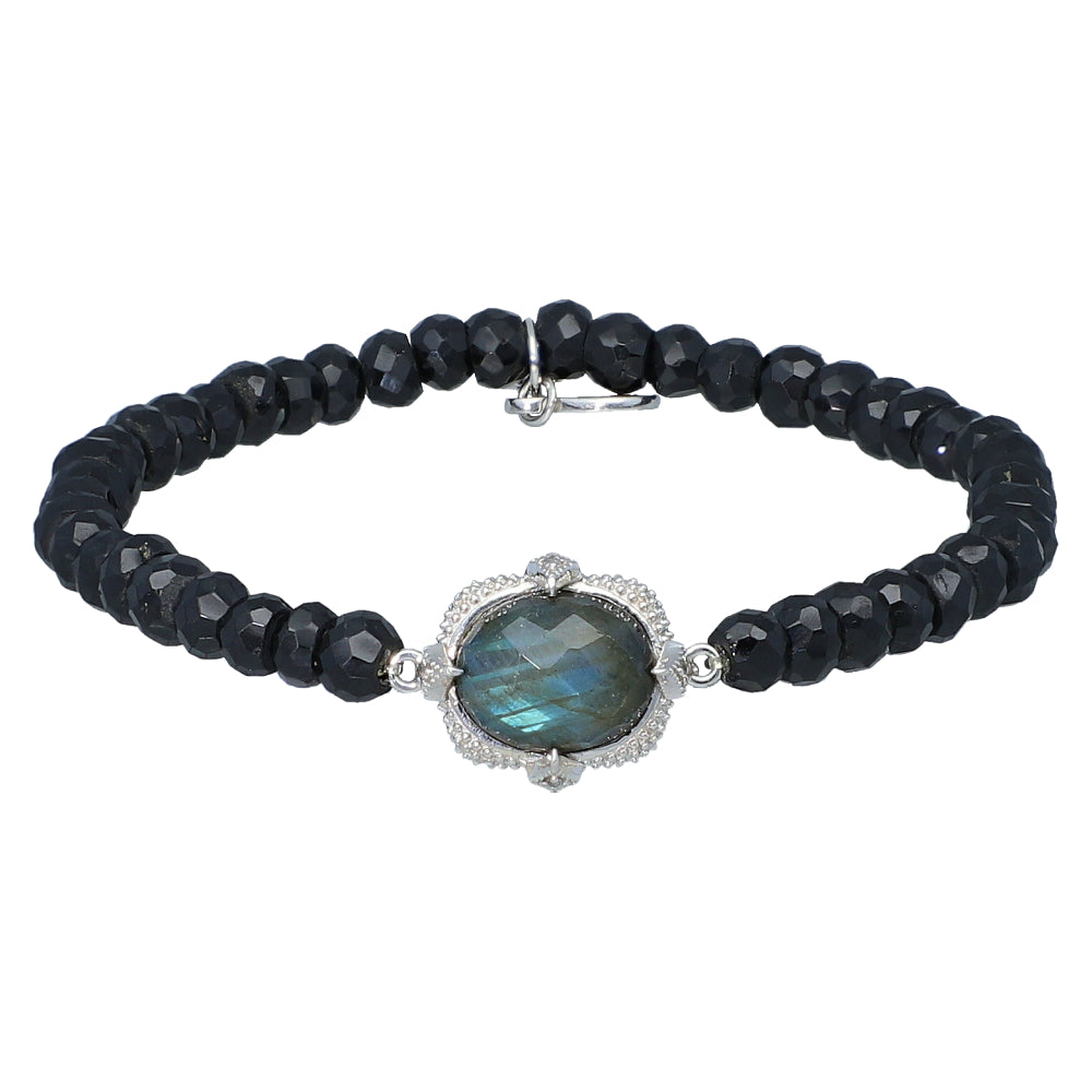 Labradorite and Black Onyx Gemstone Beaded Stretch Bracelet with Sterling Silver Charm