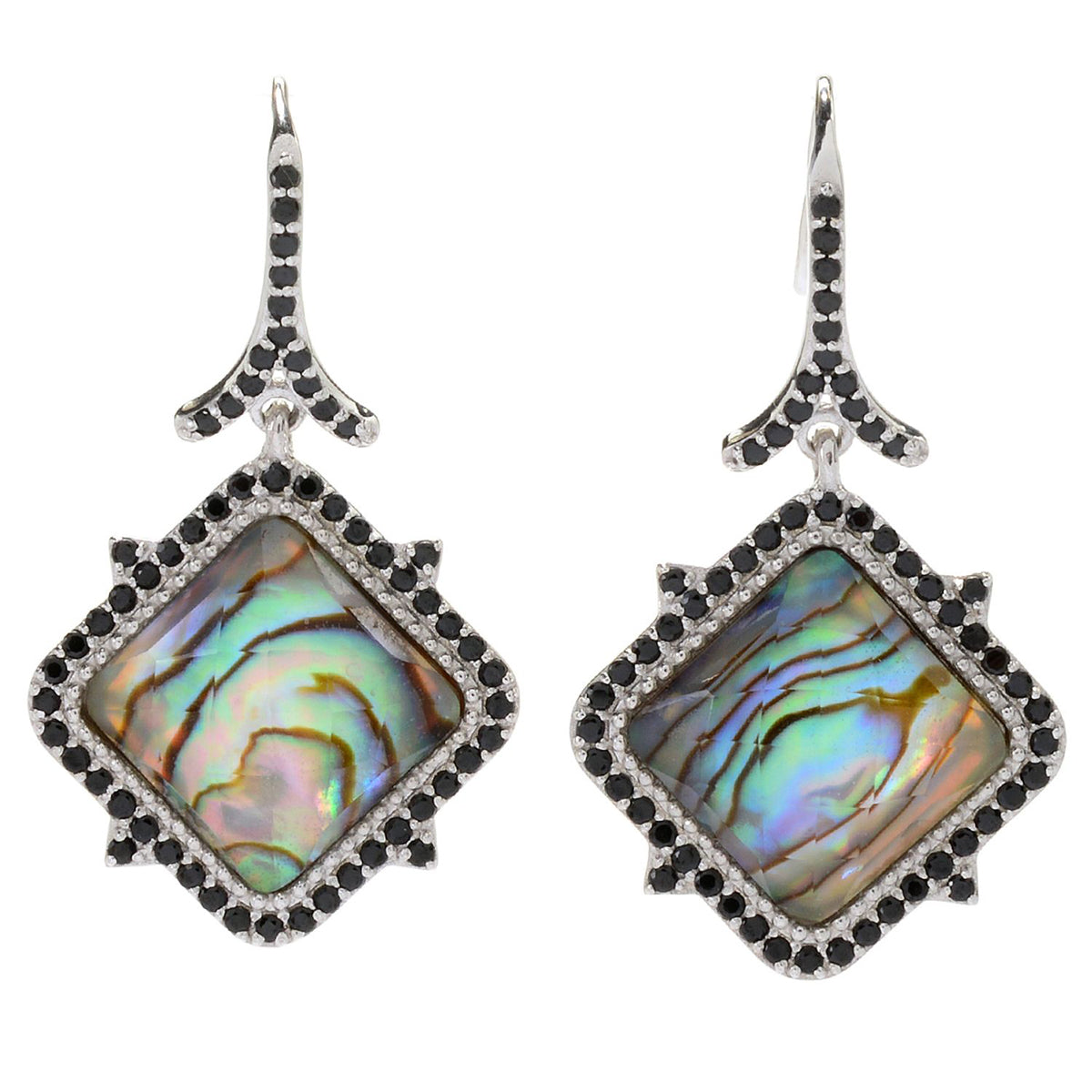 Crystal Quartz Doublet, Abalone, Black Spinel Sterling Silver Rhodium Earrings