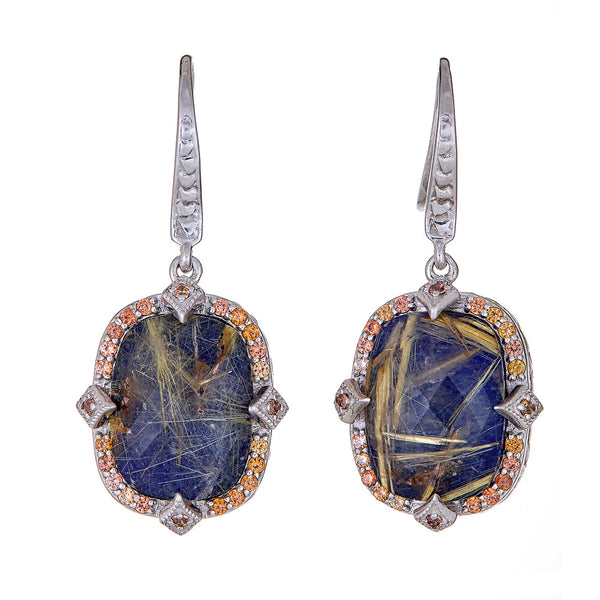 Golden Rutilated Quartz Doublet, Lapis, Champagne Zircon Unique Sterling Silver Rhodium Square Drop Earrings, designer christmas jewelry gift for girlfriend