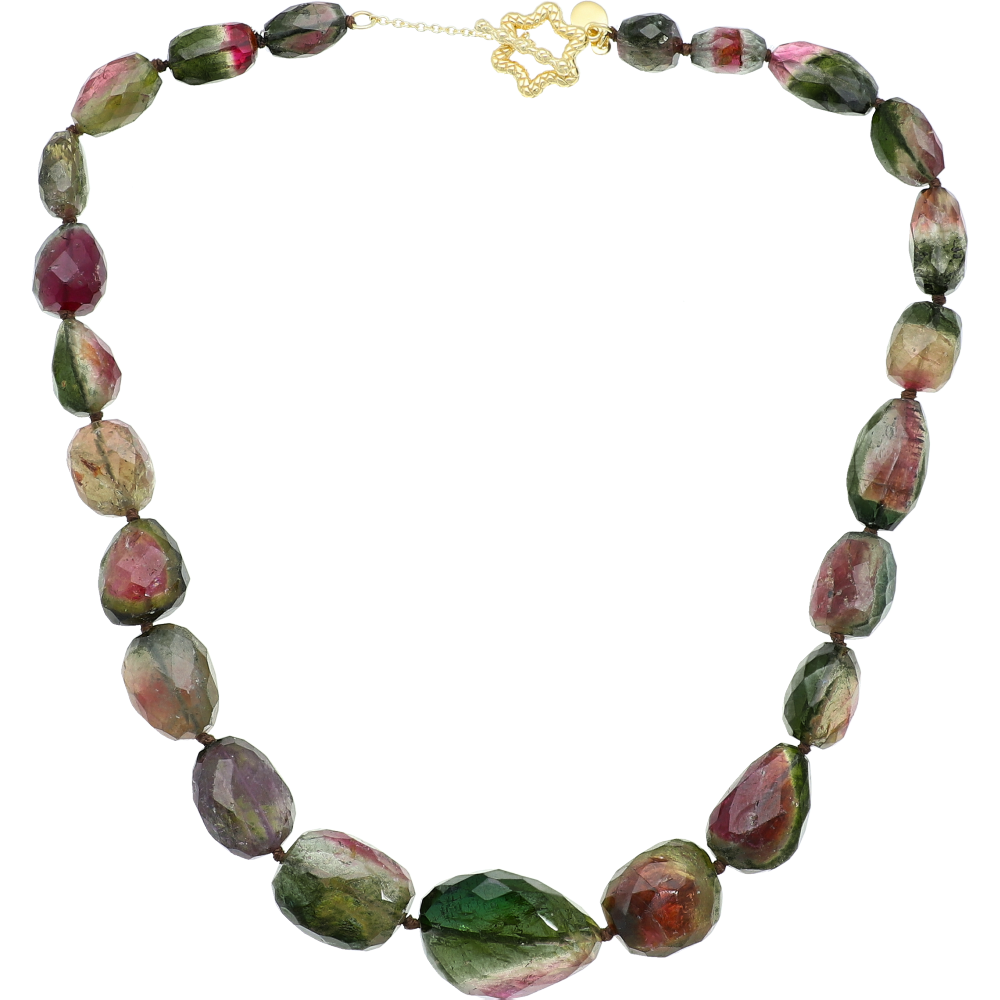 Multi Color Watermelon Tourmaline Beaded Necklace, 18 inch Sterling Silver 22k Gold Plated
