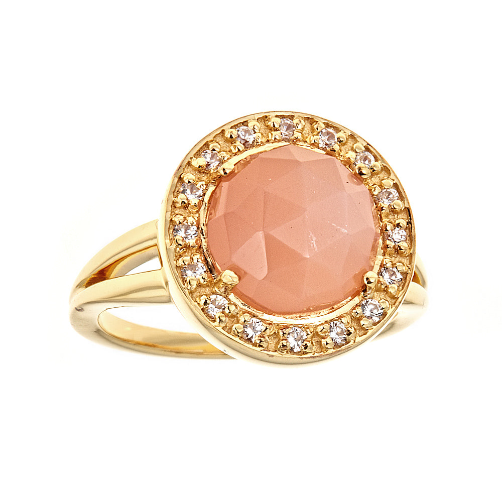 847 - Peach Moonstone with Natural Zircon Sterling Silver Gold Plated Ring - Hilary Joy Couture