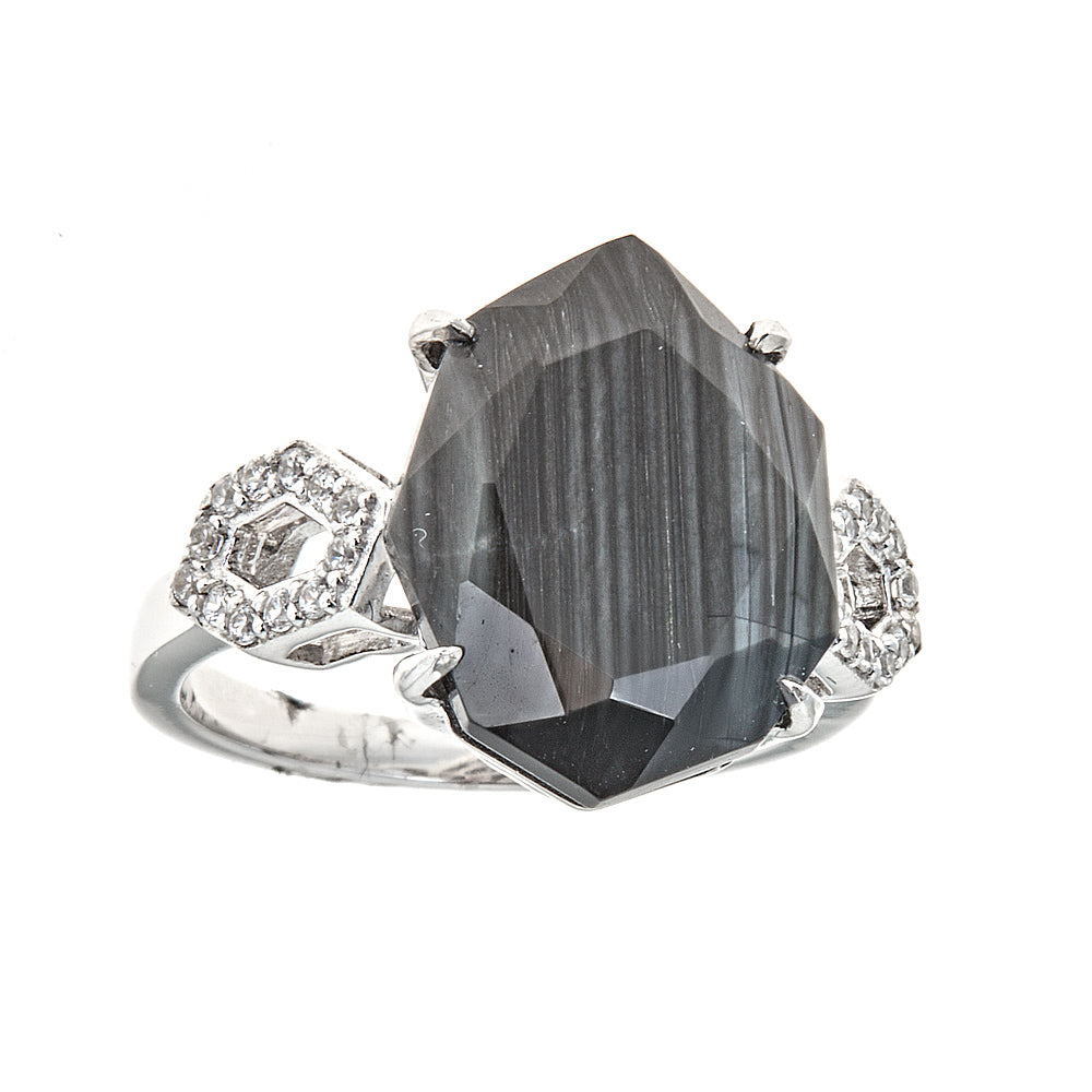 4384 - Hypersthene with Natural Zircon Sterling Silver Rhodium Ring - Hilary Joy Couture