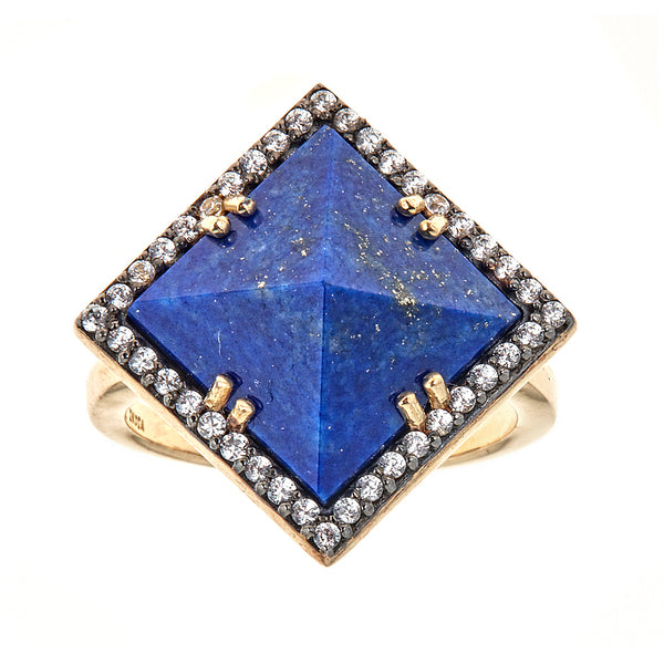 Lapis Lazuli with Natural Zircon Sterling Silver Gold Plated Black Rhodium Large Gemstone Statement Cocktail Ring for Ladies, jewelry gift for wife, girlfriend