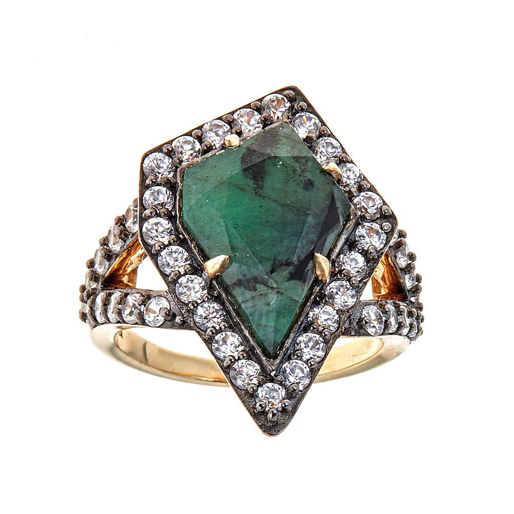 3619 - Emerald with Natural Zircon Sterling Silver Gold Plated Black Rhodium - Hilary Joy Couture