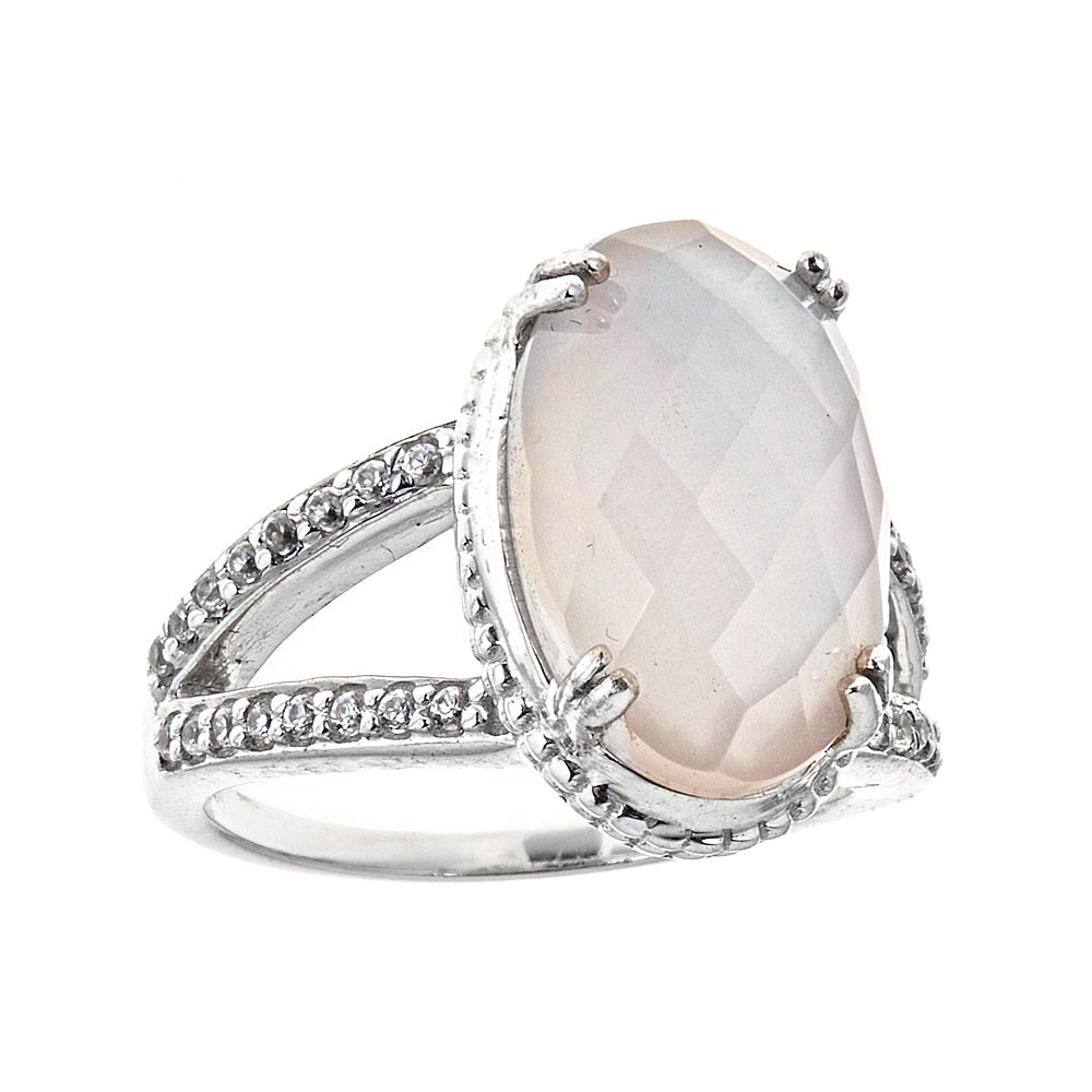 Genuine Rose Quartz Crystal Quartz Doublet with Natural Zircon Sterling Silver Rhodium Large Gemstone Cocktail Ring for women, desigener jewelry gift for wife, girlfriend, mother 