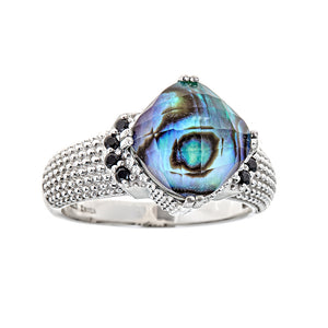 Abalone-Crystal Quartz Doublet with Black Spinel Sterling Silver Rhodium Ring