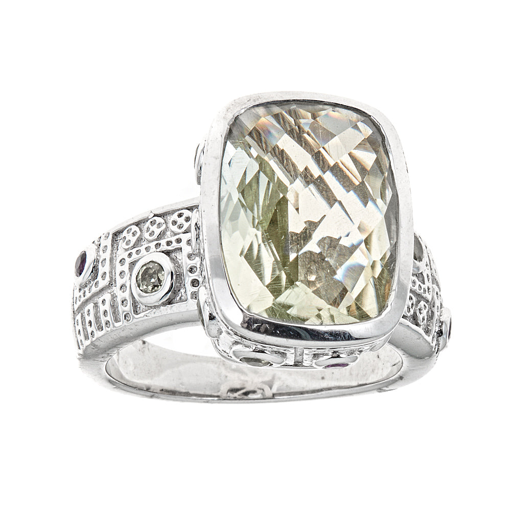 558 - Green Amethyst with Green and Purple Amethyst Sterling Silver Rhodium Ring - Hilary Joy Couture