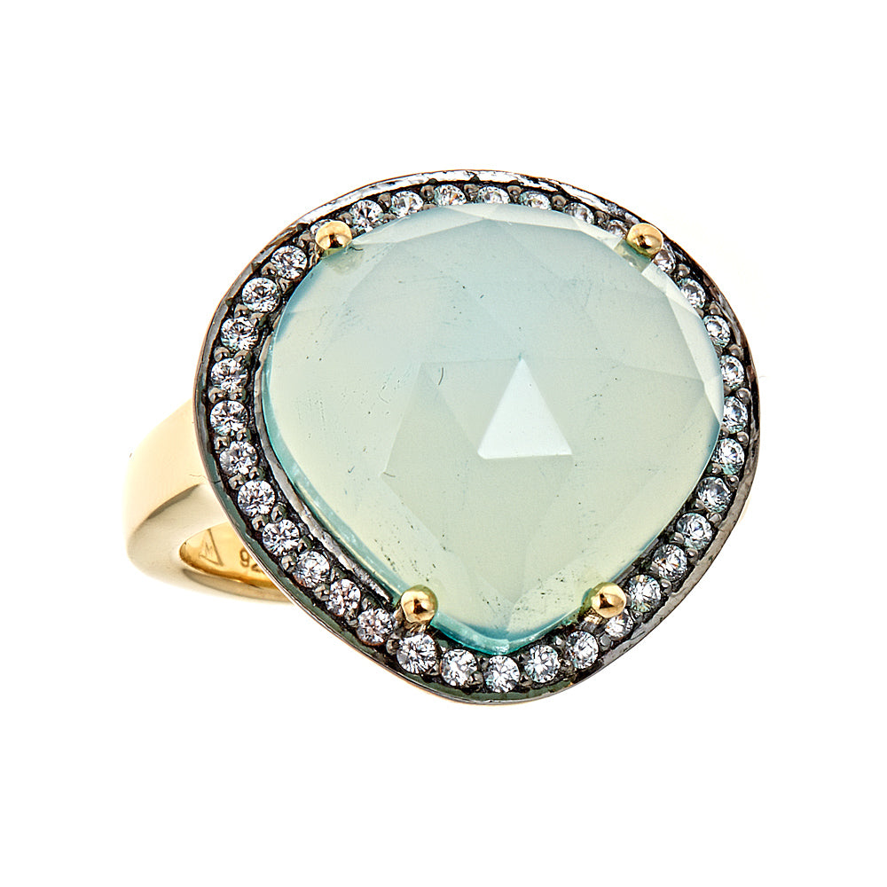 Aqua Chalcedony with Natural Zircon Sterling Silver Gold Plated and Black Rhodium Ring