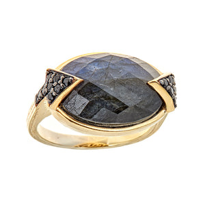 Labradorite Onyx Doublet with Black Spinel Sterling Silver Gold Plated Black Rhodium Large Gemstone Cocktail Ring for Women