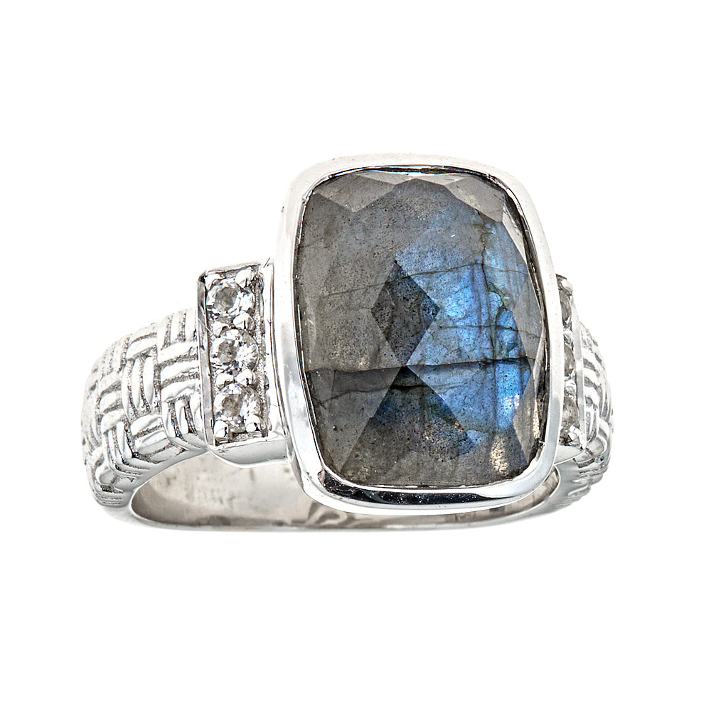 Labradorite with Natural Zircon Sterling Silver Rhodium Statement Cocktail Ring for Women