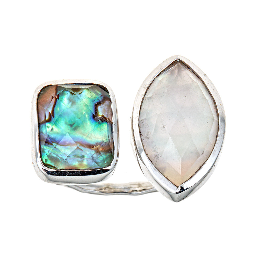 Abalone Crystal Quartz Doublet & Rose Quartz Sterling Silver Rhodium Twin Ring - Hilary Joy Couture