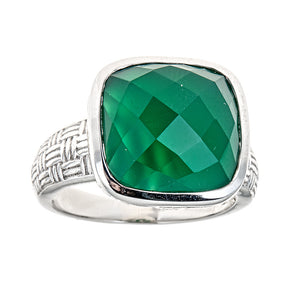 Emerald Green Chalcedony Sterling Silver Rhodium Ring