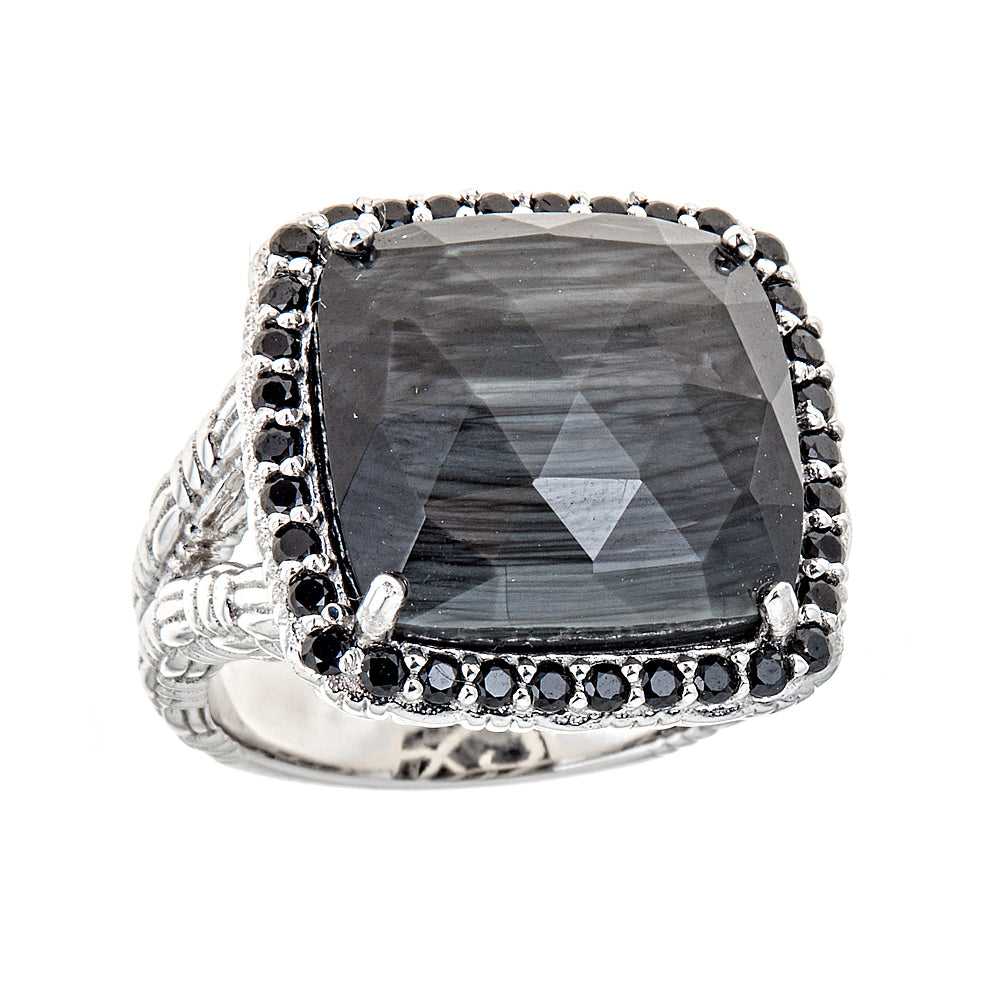Hypersthene with Black Spinel accented Sterling Silver Rhodium Ring - Hilary Joy Couture