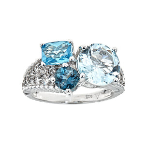 Sky, Swisss & London Blue Topaz with White Zircon Sterling Silver Rhodium Gemstone Statement Ring Cocktail for Women jewelry gift