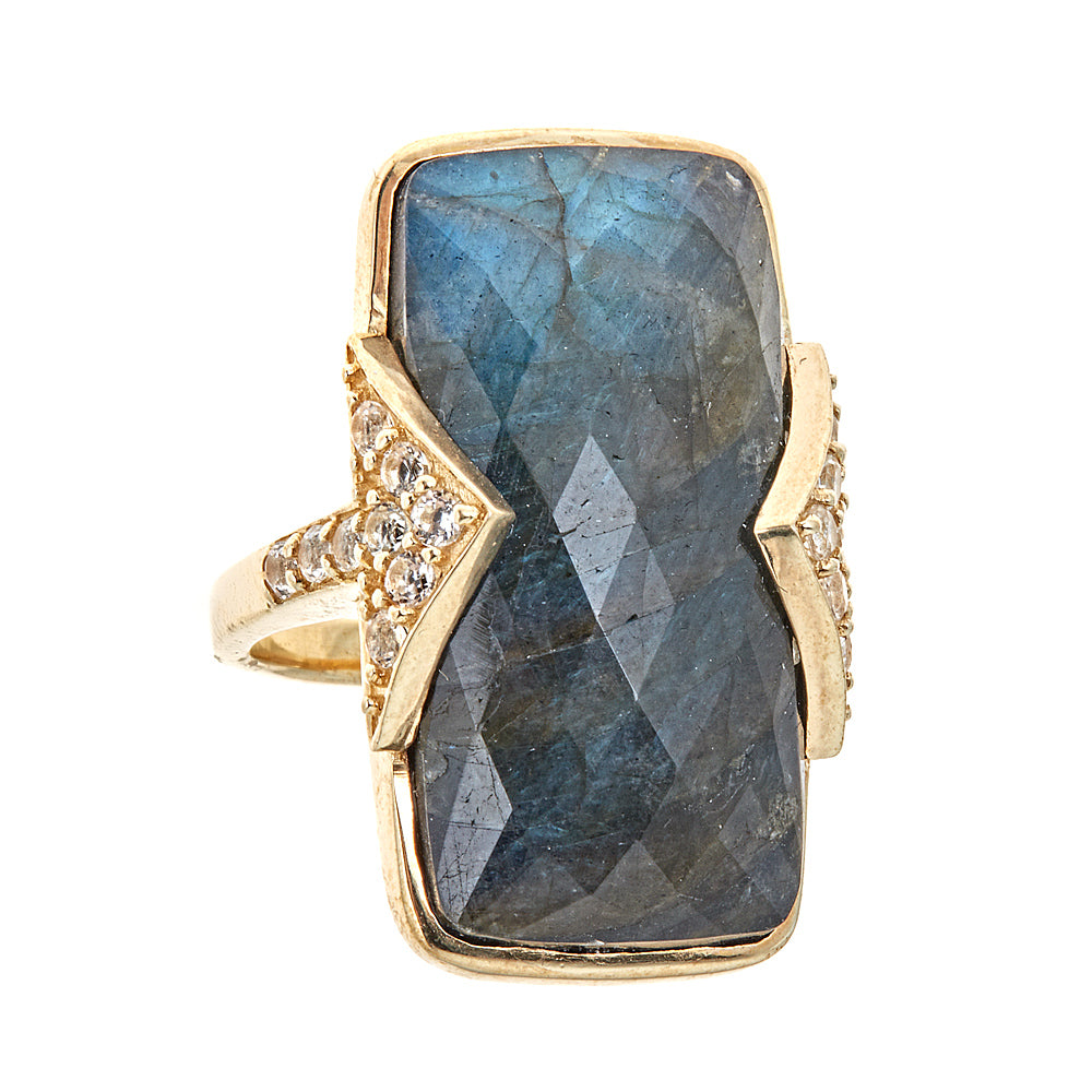 Labradorite Onyx Doublet with Natural Zircon Sterling Silver Gold Plated Ring