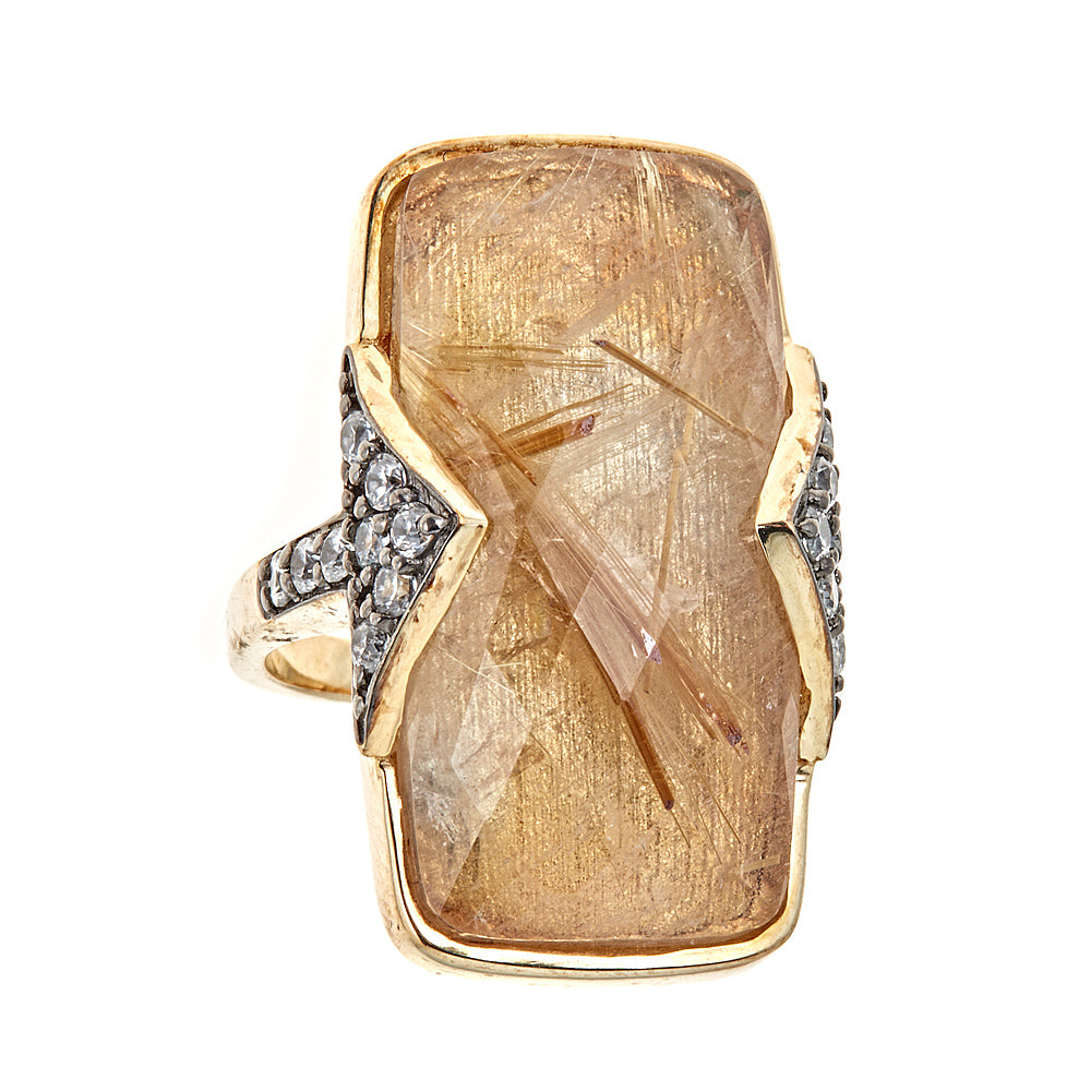 Golden Rutilated Quartz with White Zircon Sterling Silver Gold Plated Ring - Hilary Joy Couture