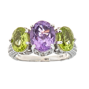 Amethyst and Peridot with Natural Zircon Sterling Silver Rhodium Ring