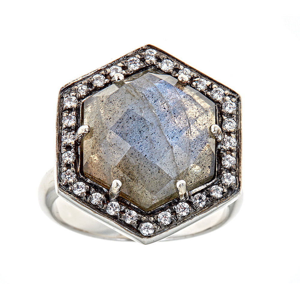 357 - Labradorite with Natural Zircon Sterling Silver Black Rhodium Ring - Hilary Joy Couture