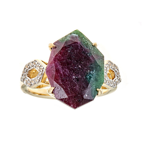 Ruby in Zoisite with Natural Zircon Sterling Silver Gold Plated Statement Cocktail Ring for ladies, christmas jewelry gift 