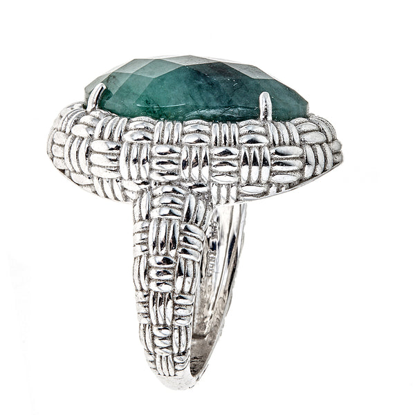 Emerald Large Gemstone Statement Cocktail Ring Sterling Silver Rhodium for Ladies