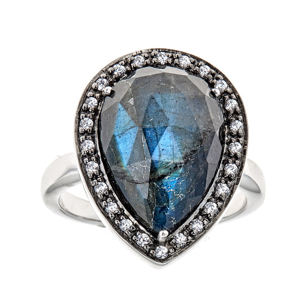 Labradorite Onyx Doublet with Natural Zircon Sterling Silver Black Rhodium Ring