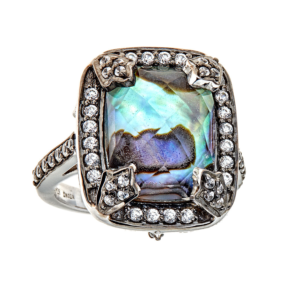 Abalone Crystal Quartz with Natural Zircon Sterling Silver Black Rhodium Statement Cocktail Ring for ladies
