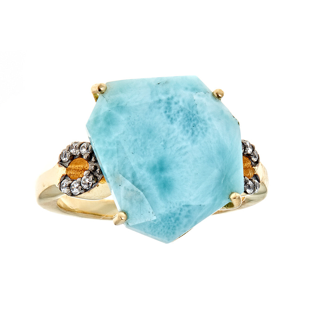 2372 - Larimar with Natural Zircon Accented Sterling Silver Gold Plated Black Rhodium Ring - Hilary Joy Couture