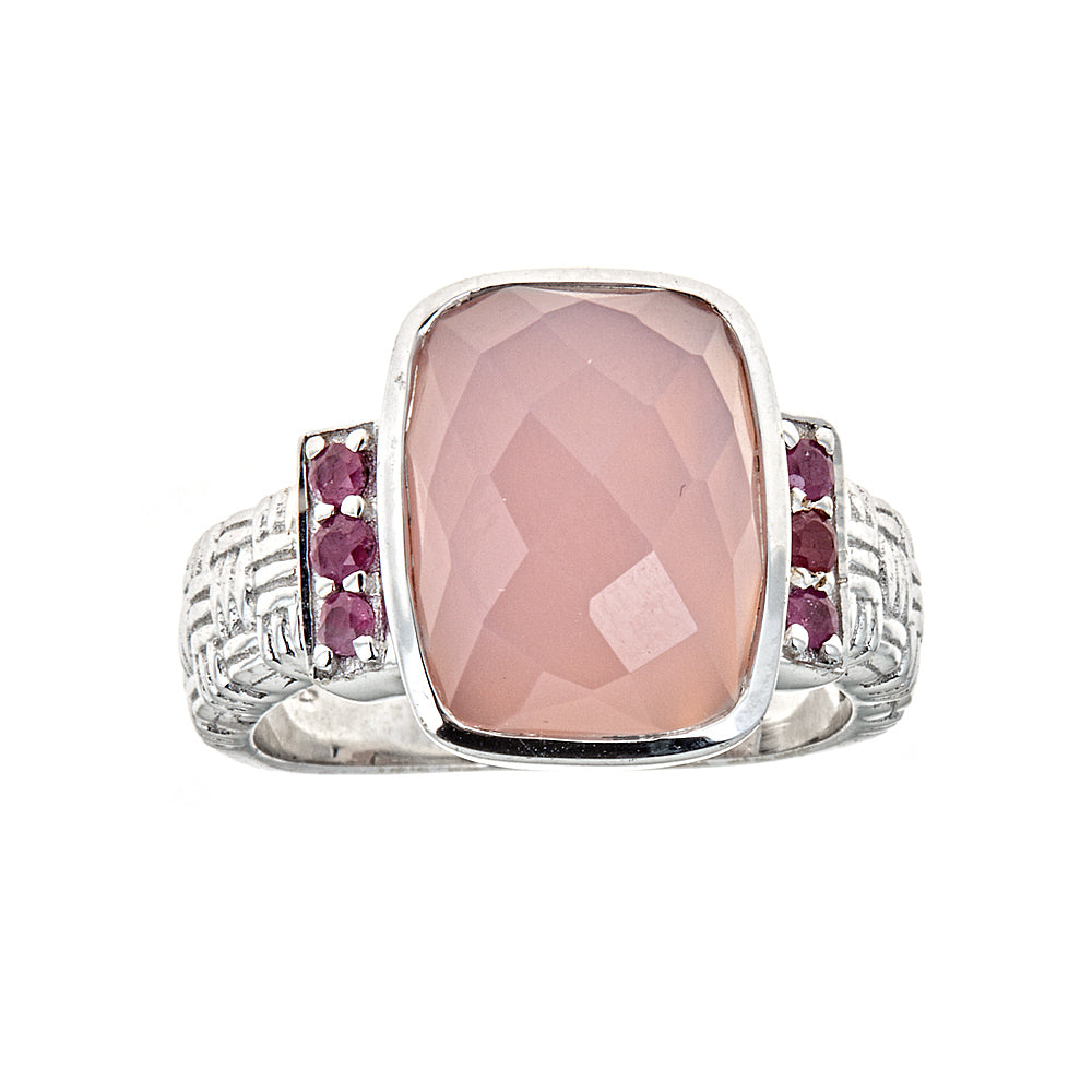 Pink Chalcedony with Ruby Sterling Silver Rhodium Ring