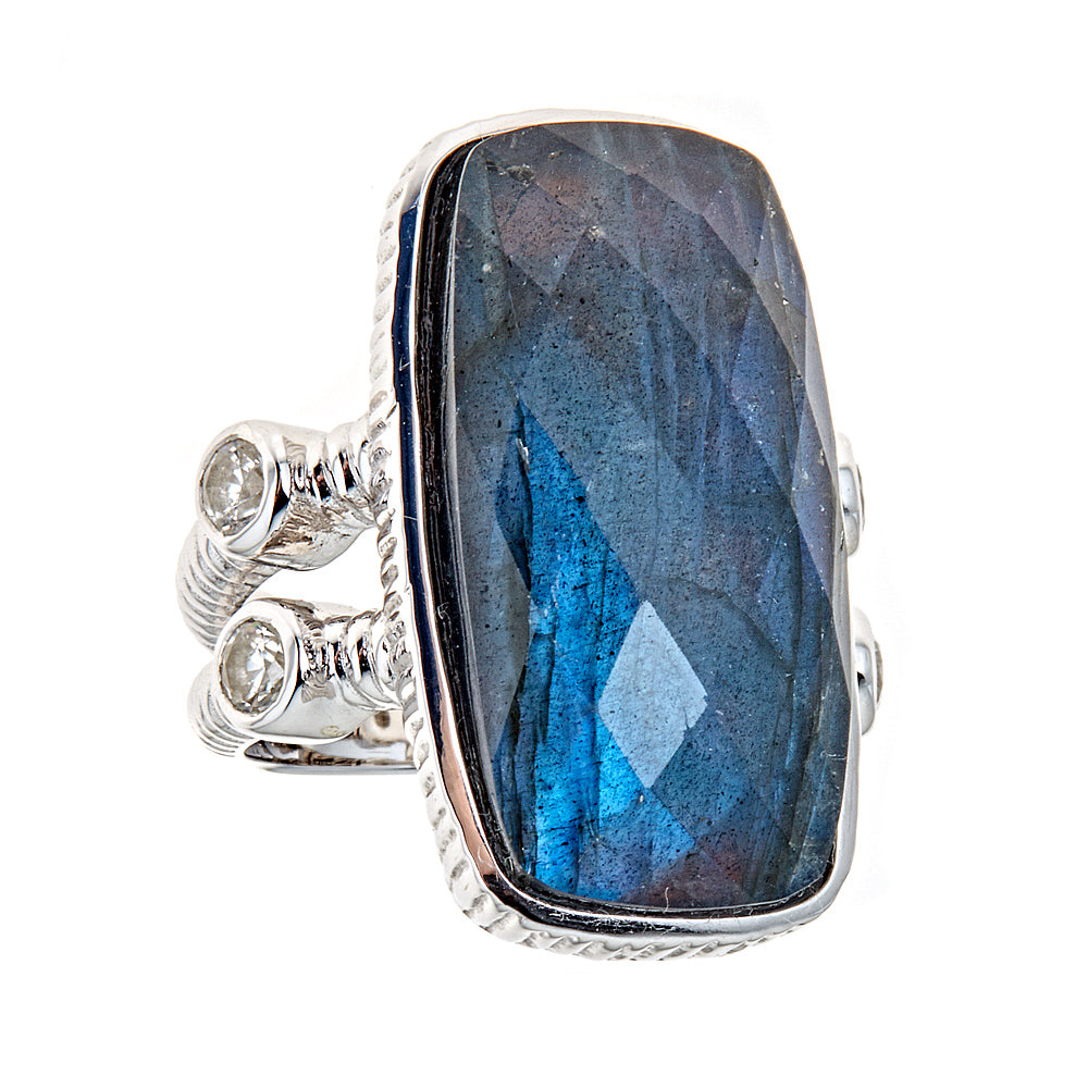 Labradorite Onyx Doublet with Natural Zircon Sterling Silver Rhodium Large Gemstone Statement Dinner Ring for Women, jewelry gift