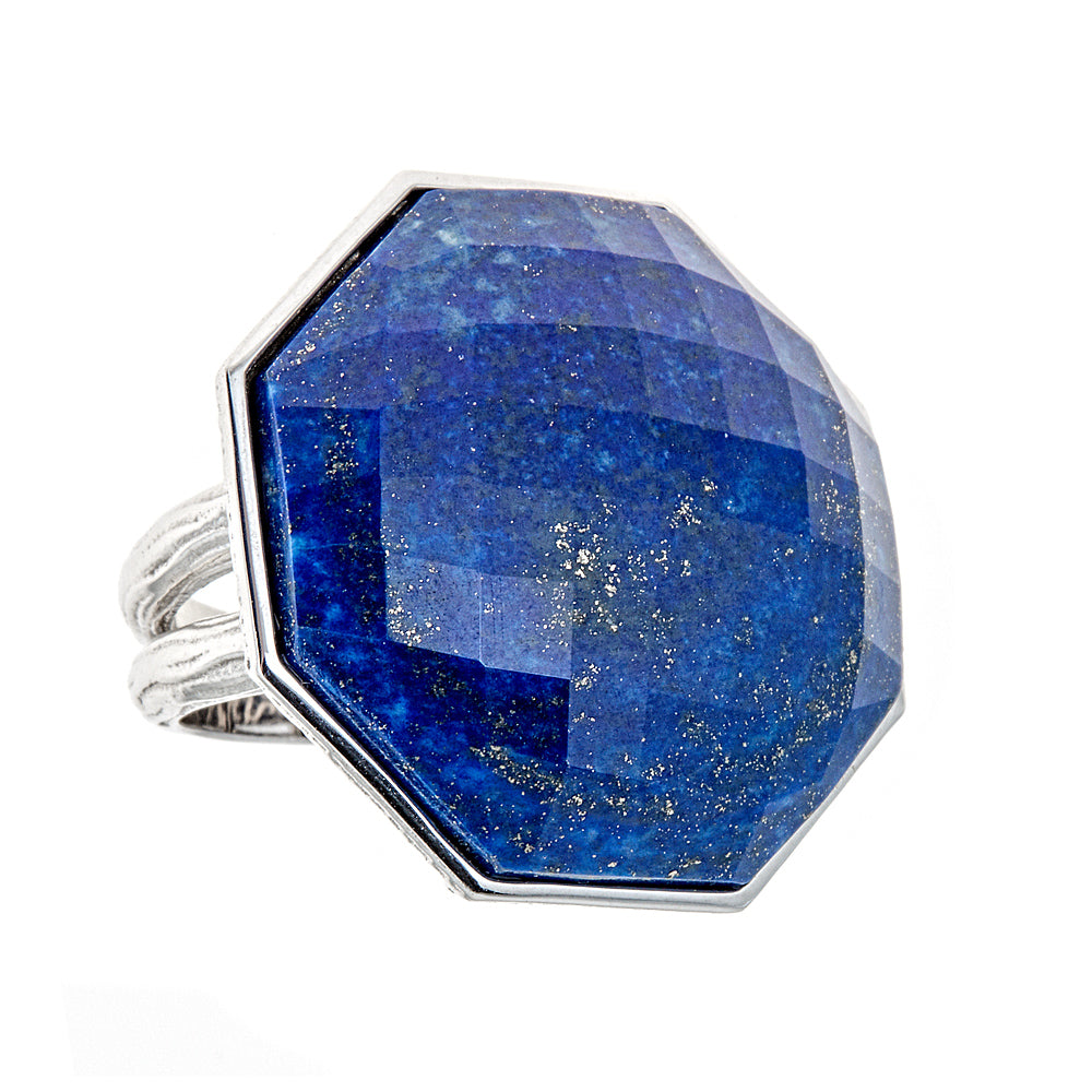 Hexagon Lapis Lazuli Sterling Silver Rhodium Ring