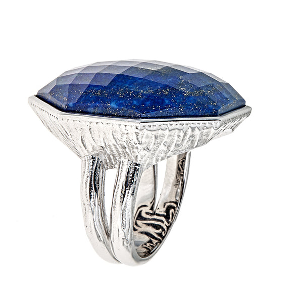 Lapis Lazuli Large Gemstone Cocktail Ring Sterling Silver Rhodium for Ladies