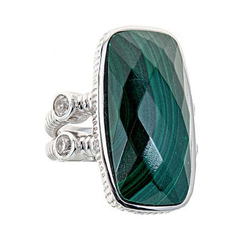 Malachite with Natural Zircon Sterling Silver Rhodium Large Gemstone Dinner Ring for Women, christmas jewelry gift for wife