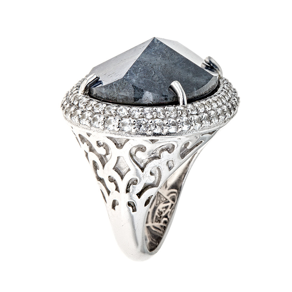 Labradorite Doublet Large Gemstone Cocktail Ring Sterling Silver Rhodium for Women - Hilary Joy Couture
