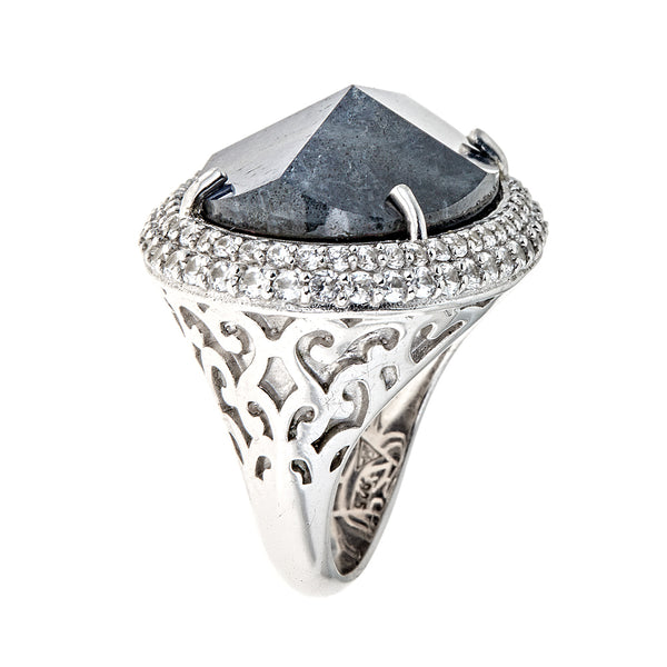Labradorite Onyx Doublet with Natural Zircon Sterling Silver Rhodium Ring