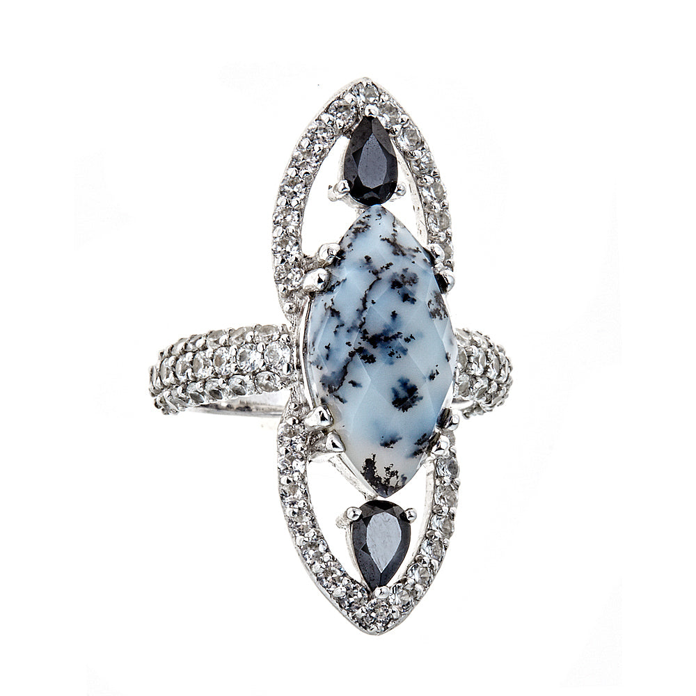 5580 - Marquis Dendrite Opal with Black Spinel and Natural Zircon  Sterling Silver Rhodium Ring - Hilary Joy Couture