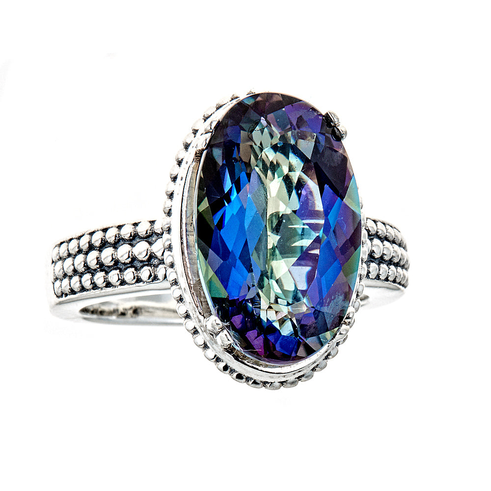 574 - Mystic Quartz Caviar Textured Sterling Silver Oxidized Ring - Hilary Joy Couture