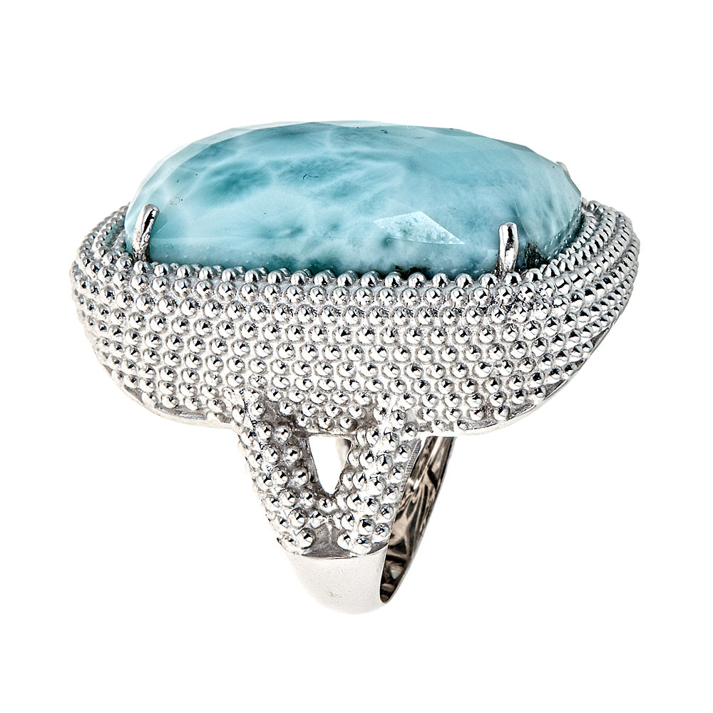 Larimar Large Gemstone Statement Cocktail Ring Sterling Silver Rhodium for Women - Hilary Joy Couture