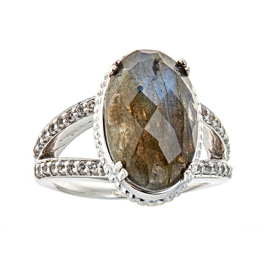 Labradorite Onyx Doublet with Natural Zircon Sterling Silver Rhodium Statement Cocktail ring for women