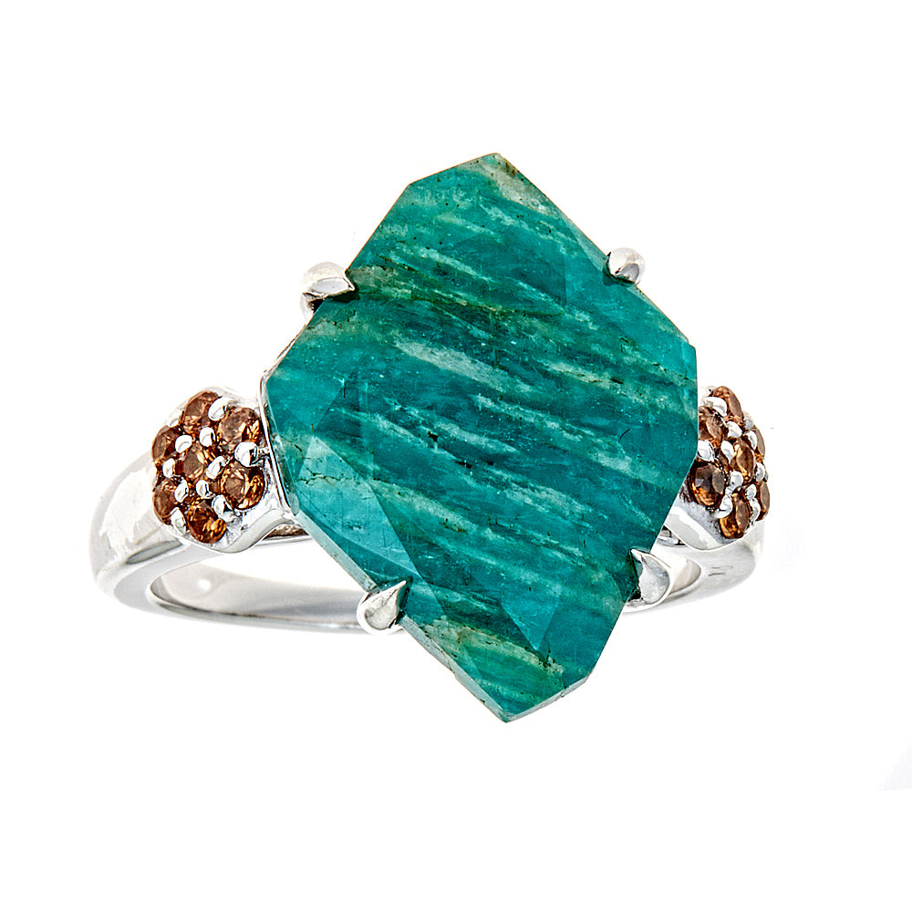 4384 - Amazonite with Natural Champagne Zircon Sterling Silver Rhodium Ring - Hilary Joy Couture