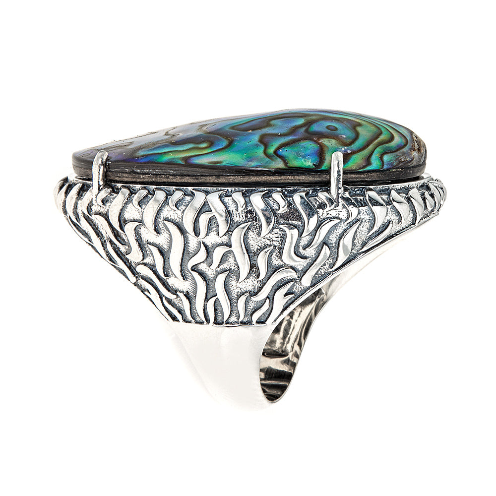 Abalone Large Gemstone Dinner Ring Sterling Silver Rhodium for Women - Hilary Joy Couture