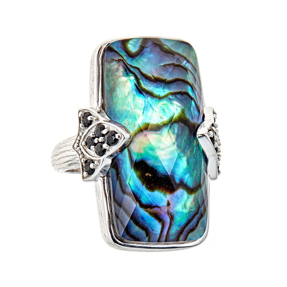Abalone Ring - Abalone Crystal Quartz Doublet & Black Spinel Sterling Silver Vintage Dinner Ring for Ladies