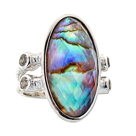 Abalone-Crystal Quartz Doublet Natural Zircon Sterling Silver Rhodium Ring