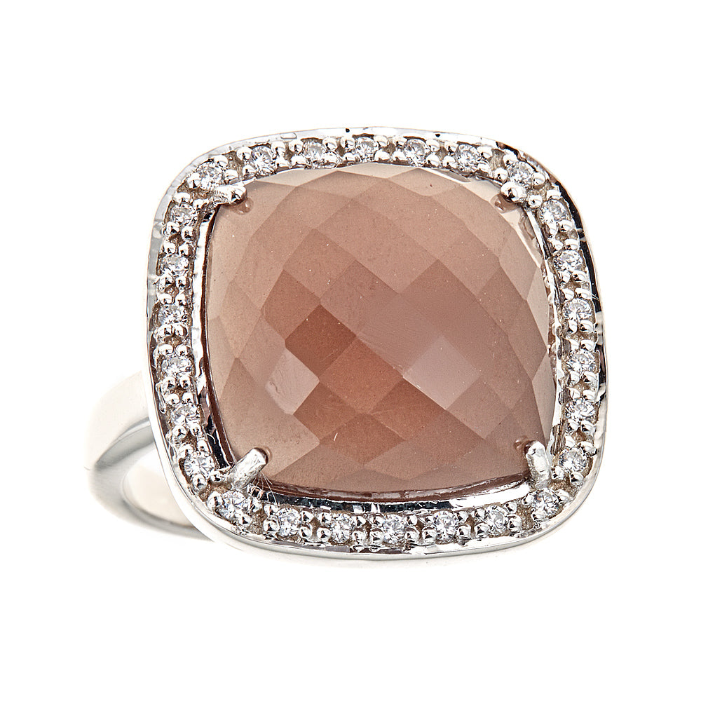 849 - Peach Moonstone Zircon Sterling Silver Rhodium Ring - Hilary Joy Couture