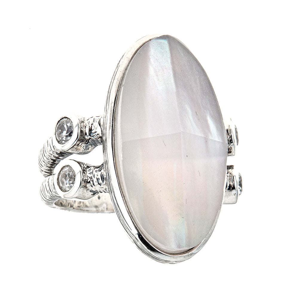3164 - Rose Quartz-Crystal Quartz Doublet Zircon Rope Textured Sterling Silver Rhodium Ring - Hilary Joy Couture