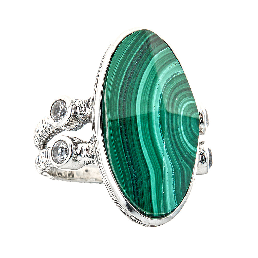 3164 - Malachite Zircon Rope Textured Sterling Silver Rhodium Ring - Hilary Joy Couture