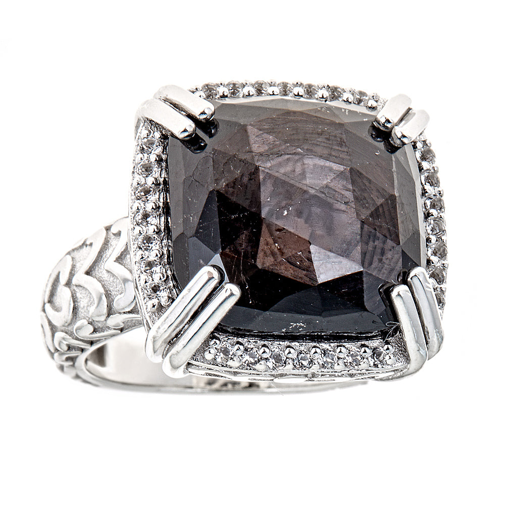 Hypersthene Large Gemstone Cocktail Ring Sterling Silver Rhodium for Women 