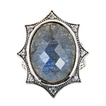 Labradorite Onyx Doublet Natural Zircon Sterling Silver Oxidized Large Gemstone Statement Cocktail Ring for Women, jewelry gift