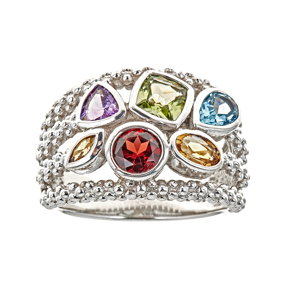Multi Semi Precious Caviar Textured Sterling Silver Rhodium Ring - Hilary Joy Couture