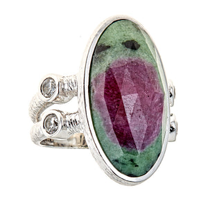 Ruby in Zoisite Natural Zircon Sterling Silver Rhodium Large Gemstone Dinner Ring for Women
